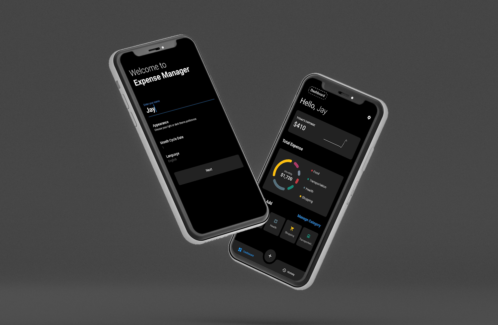 Expense Manager — personal finance mobile app for transaction tracking and spending reports